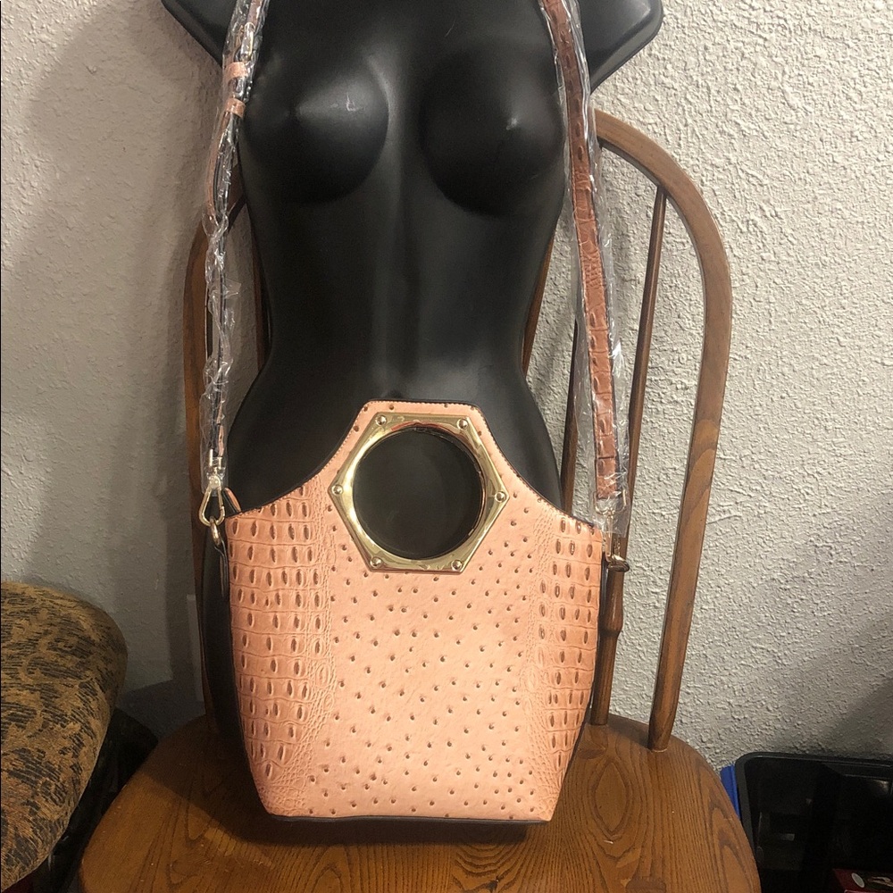 Peach Textured Shoulder Bag with Gold Accent
